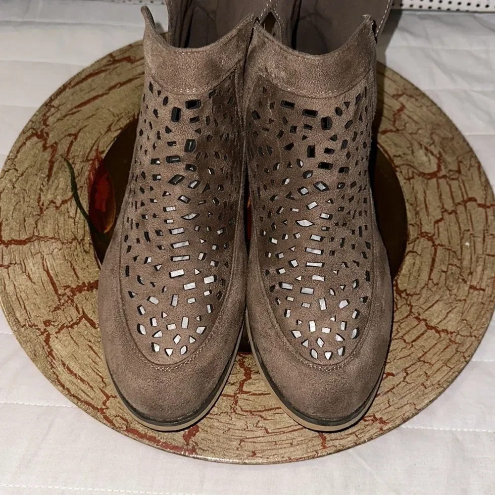 CG 9 Tan Faux Suede Laser Cut V Cut Ankle Booties